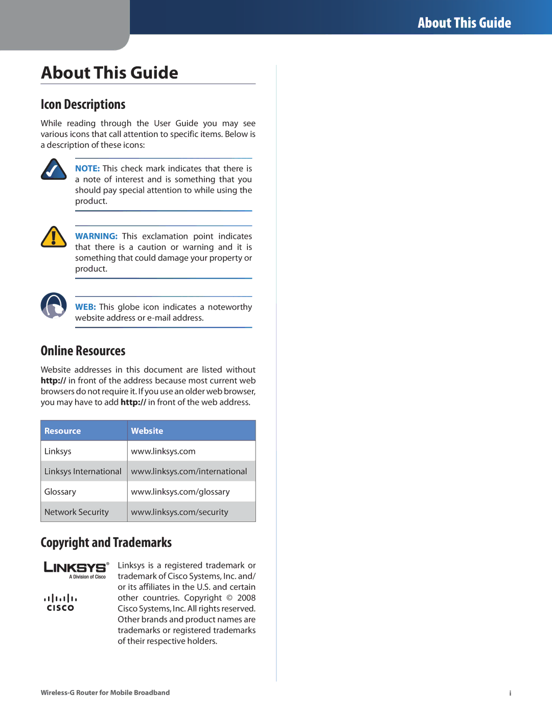 Linksys WRT54G3GV2-ST manual About This Guide, Icon Descriptions, Online Resources, Copyright and Trademarks 