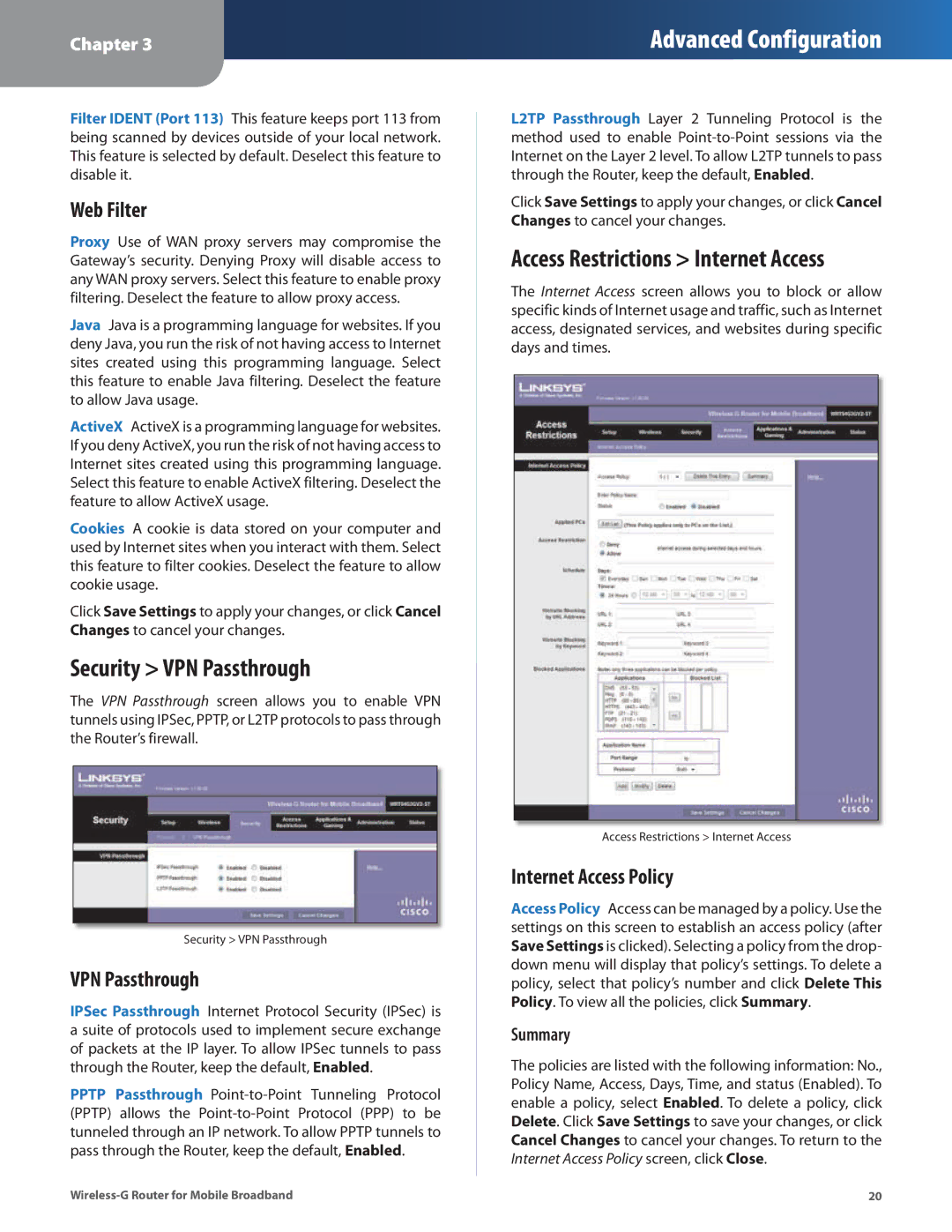 Linksys WRT54G3GV2-ST manual Security VPN Passthrough, Web Filter, Internet Access Policy, Summary 