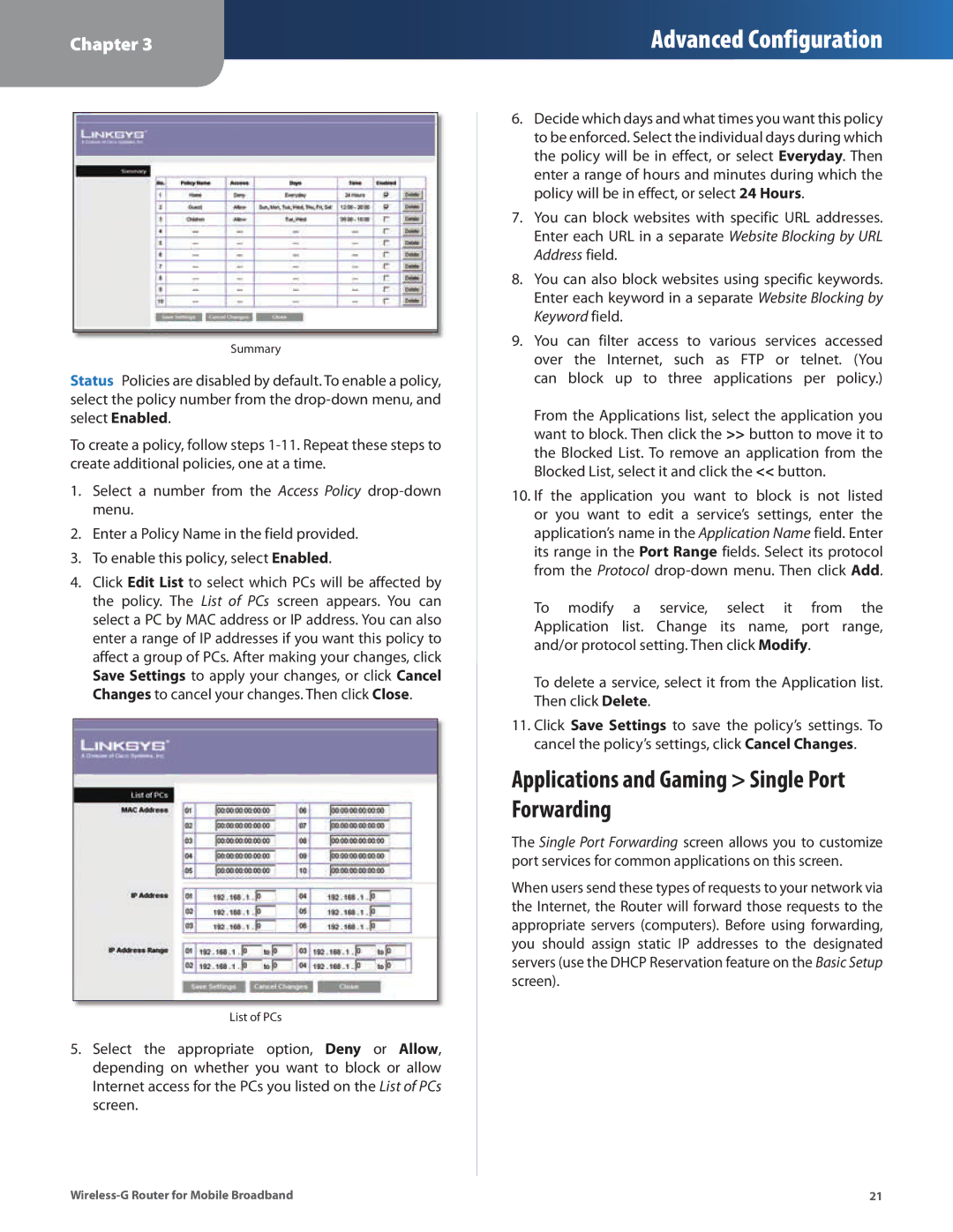 Linksys WRT54G3GV2-ST manual Applications and Gaming Single Port Forwarding 