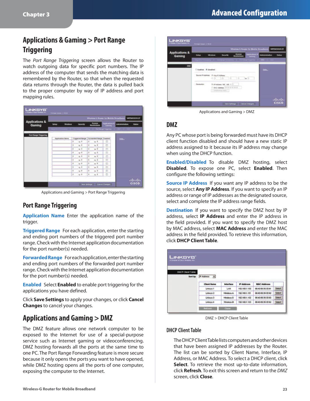 Linksys WRT54G3GV2-ST manual Applications & Gaming Port Range Triggering, Applications and Gaming DMZ, Dhcp Client Table 