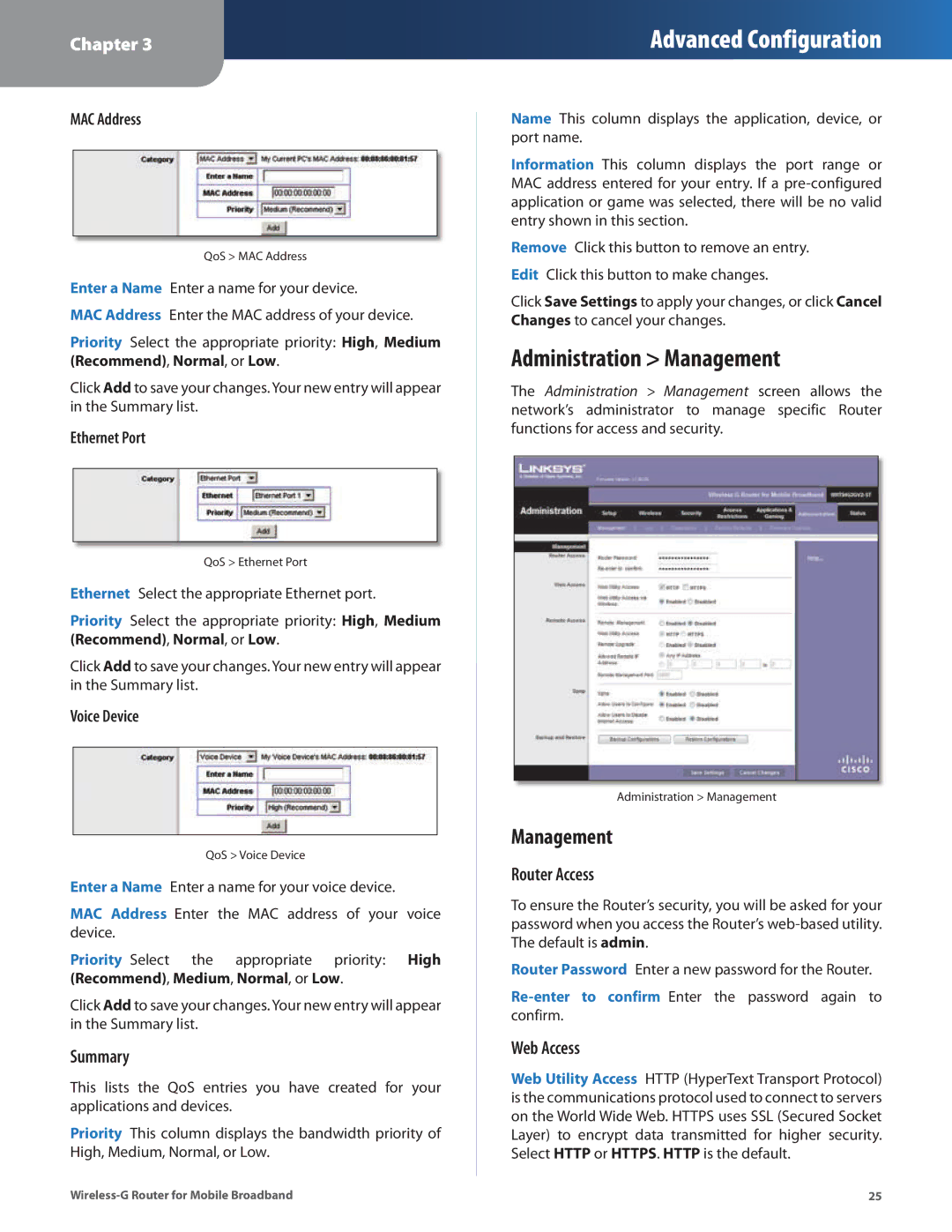 Linksys WRT54G3GV2-ST manual Administration Management, Router Access, Web Access 