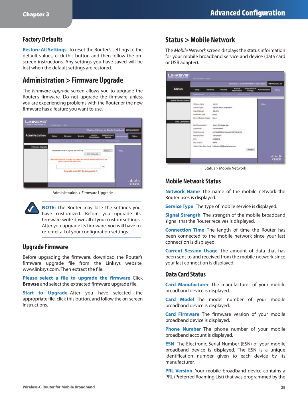 Linksys WRT54G3GV2-ST manual Administration Firmware Upgrade, Status Mobile Network, Factory Defaults, Upgrade Firmware 