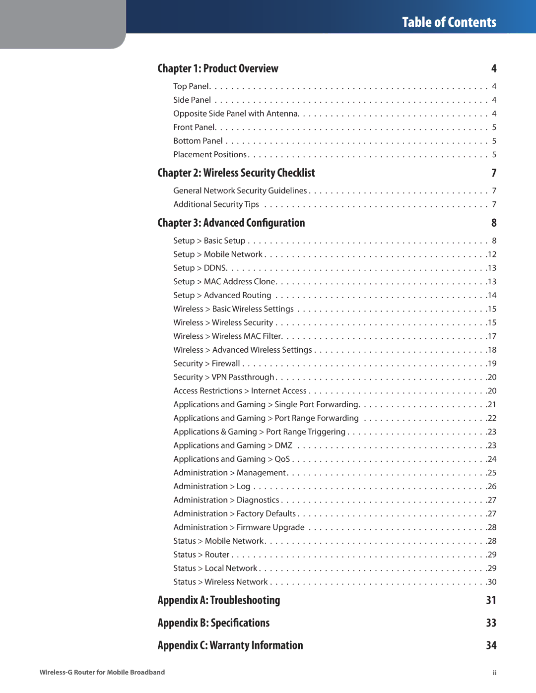 Linksys WRT54G3GV2-ST manual Table of Contents 