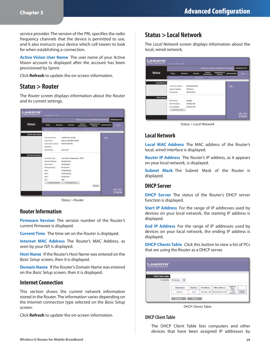 Linksys WRT54G3GV2-ST manual Status Router, Status Local Network 