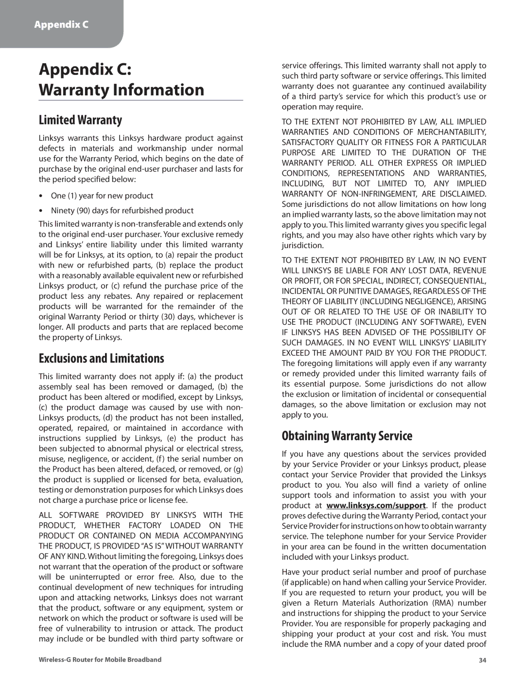 Linksys WRT54G3GV2-ST manual Limited Warranty, Exclusions and Limitations, Obtaining Warranty Service 