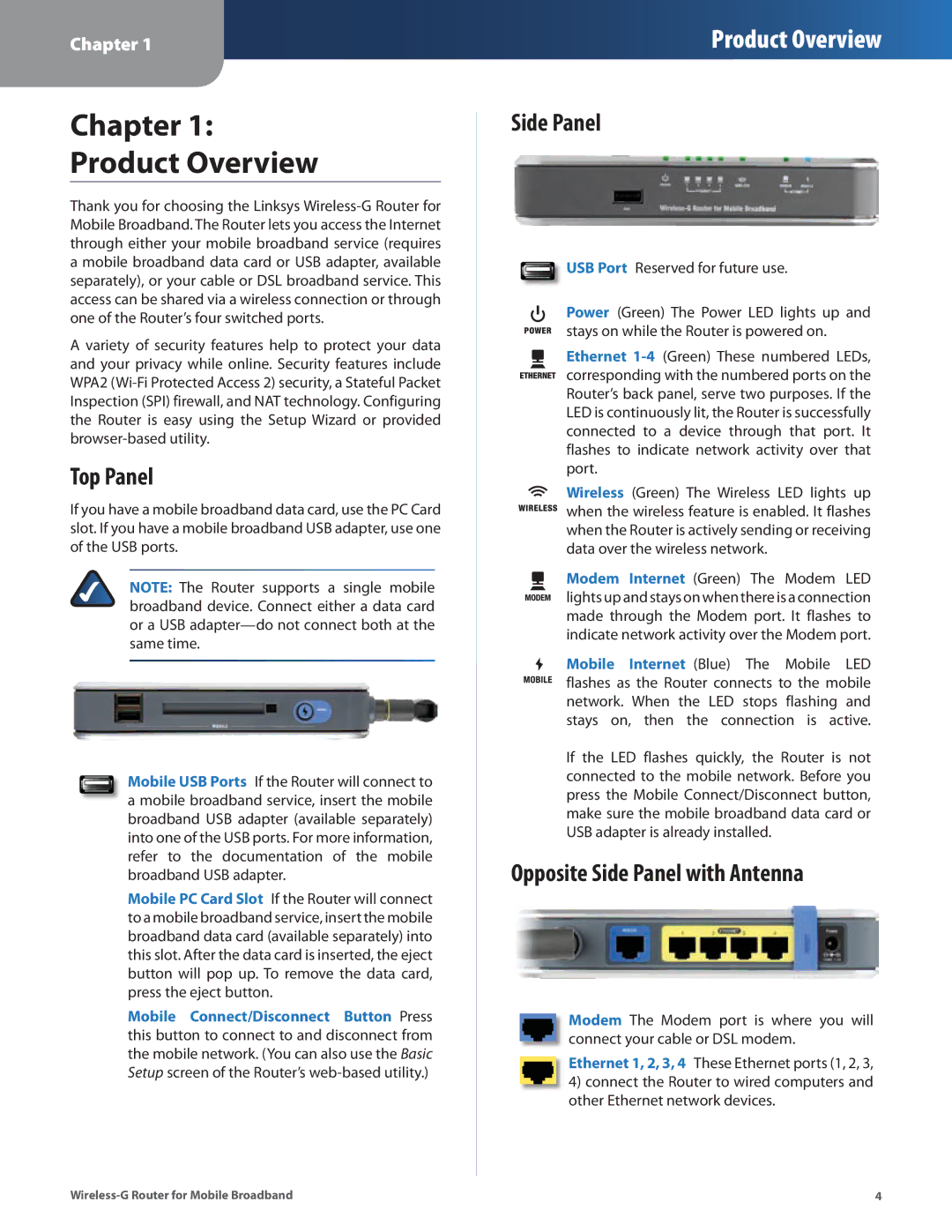 Linksys WRT54G3GV2-ST manual Chapter Product Overview, Top Panel, Opposite Side Panel with Antenna 