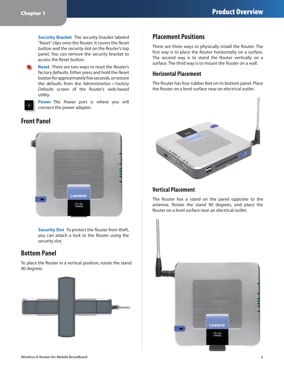 Linksys WRT54G3GV2-ST manual Front Panel, Bottom Panel, Placement Positions, Horizontal Placement, Vertical Placement 