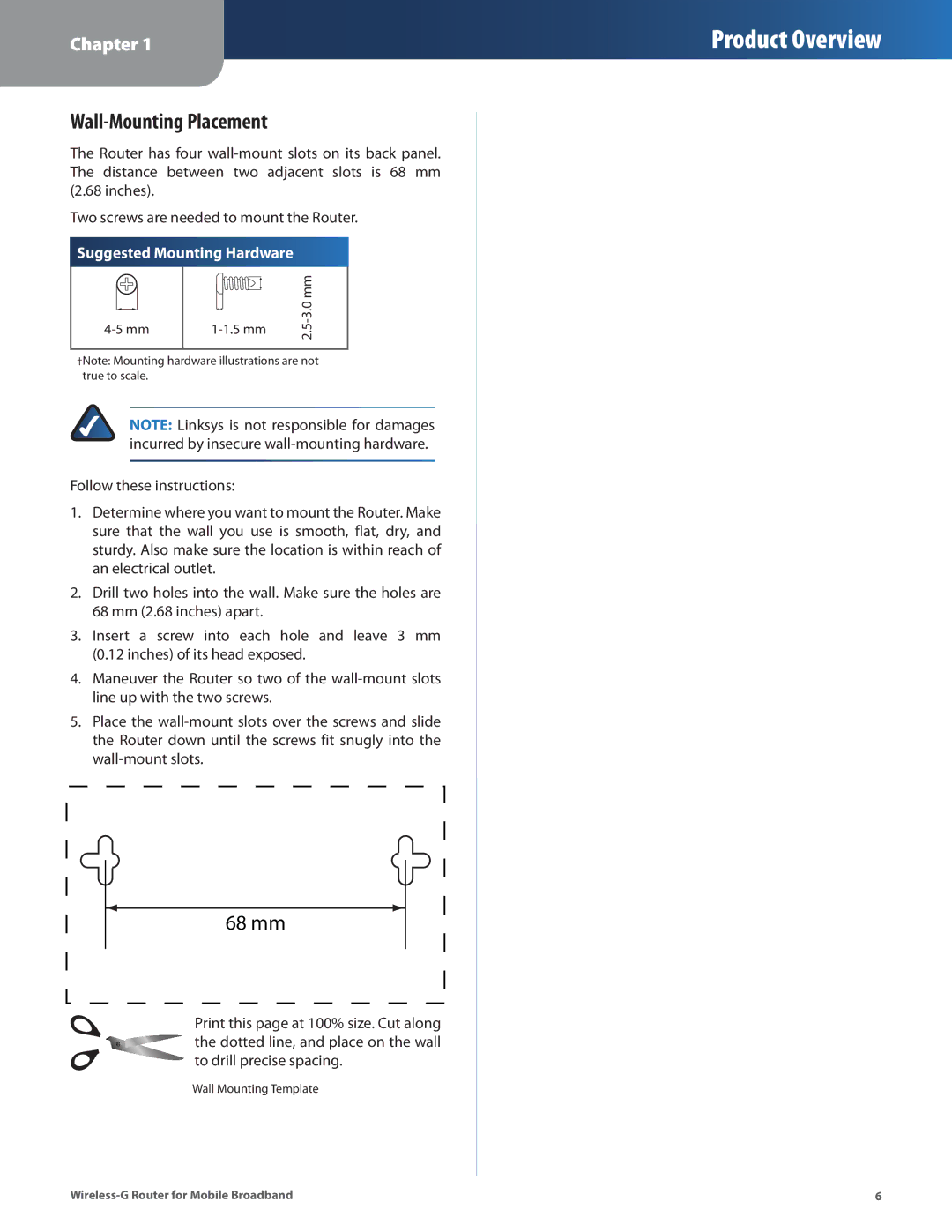 Linksys WRT54G3GV2-ST manual Wall-Mounting Placement, Suggested Mounting Hardware 