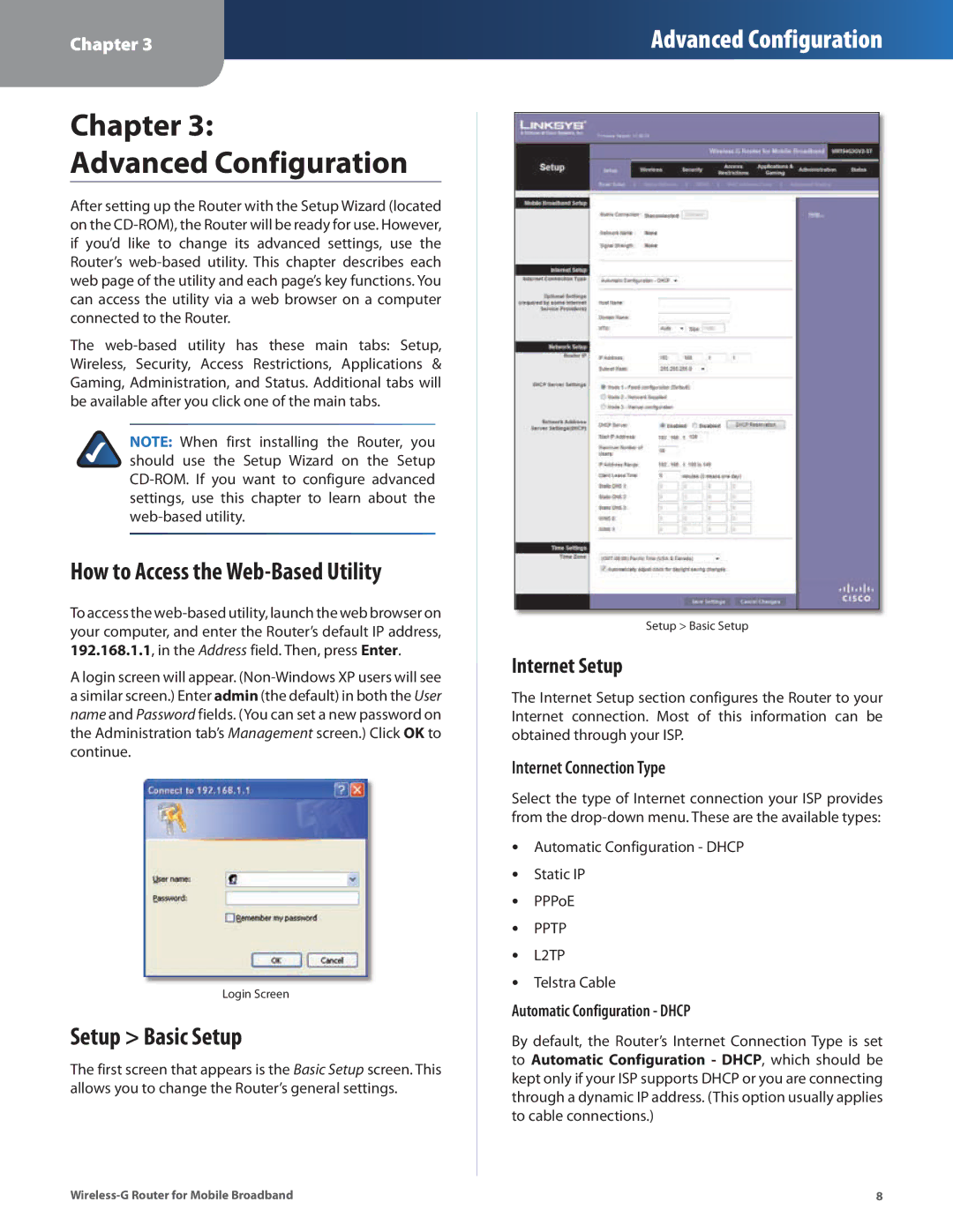 Linksys WRT54G3GV2-ST manual Chapter Advanced Configuration, How to Access the Web-Based Utility, Setup Basic Setup 