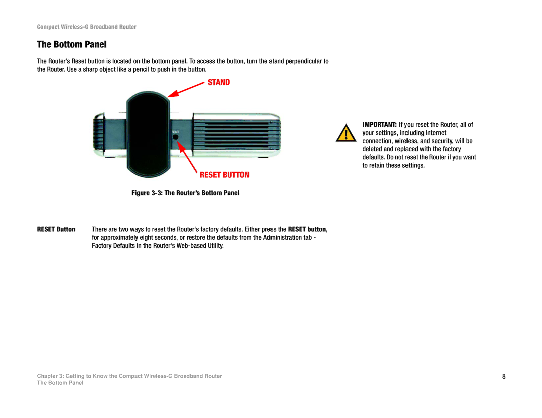 Linksys WRT54GC manual Bottom Panel, Stand Reset Button 