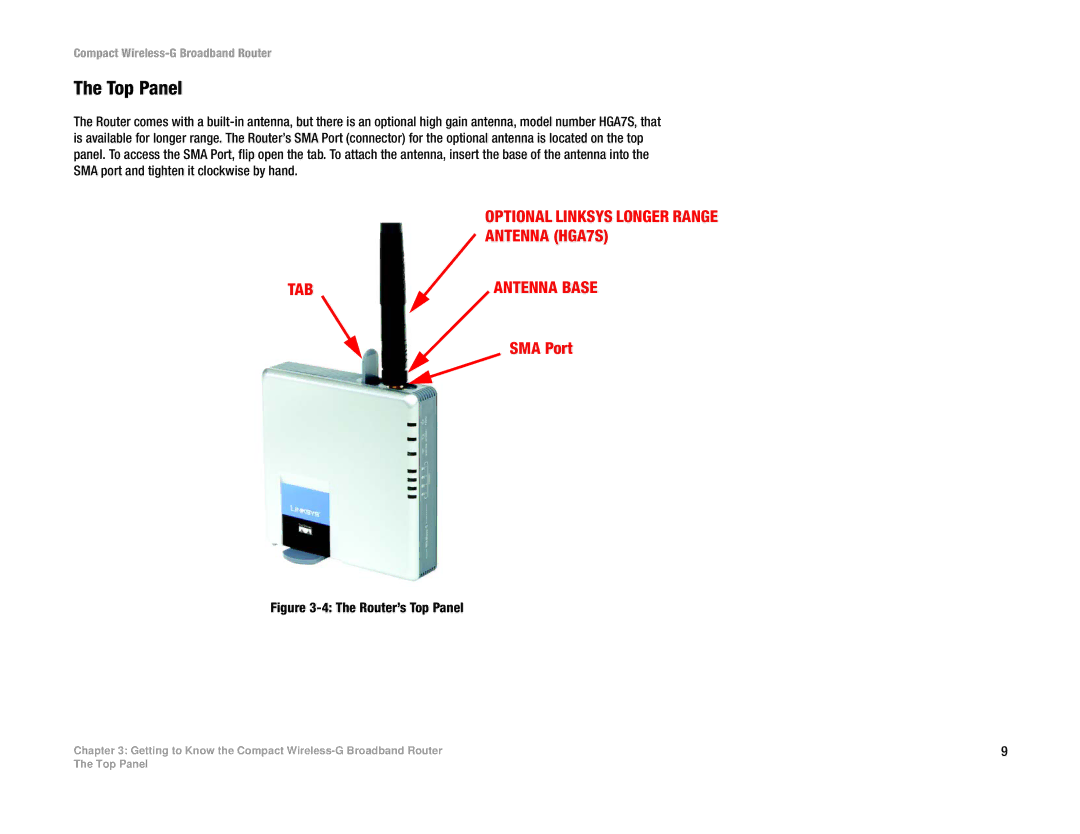 Linksys WRT54GC manual Top Panel, Optional Linksys Longer Range Antenna HGA7S TAB 