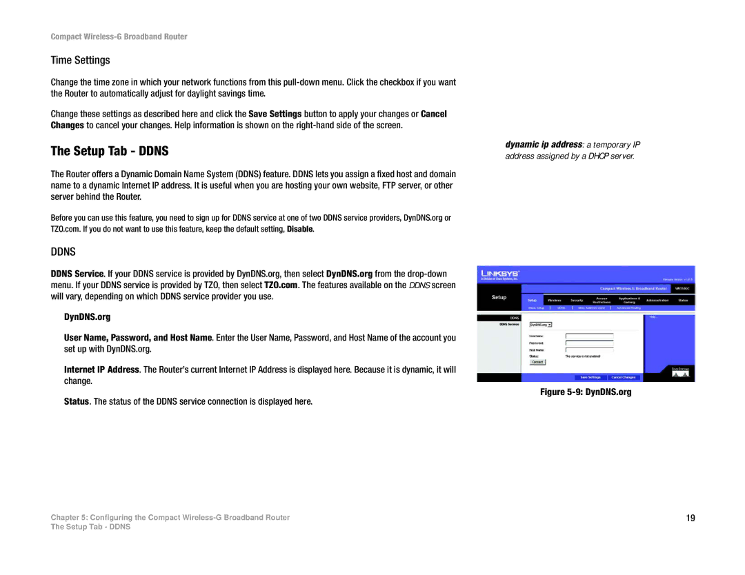 Linksys WRT54GC manual Setup Tab Ddns, Time Settings 