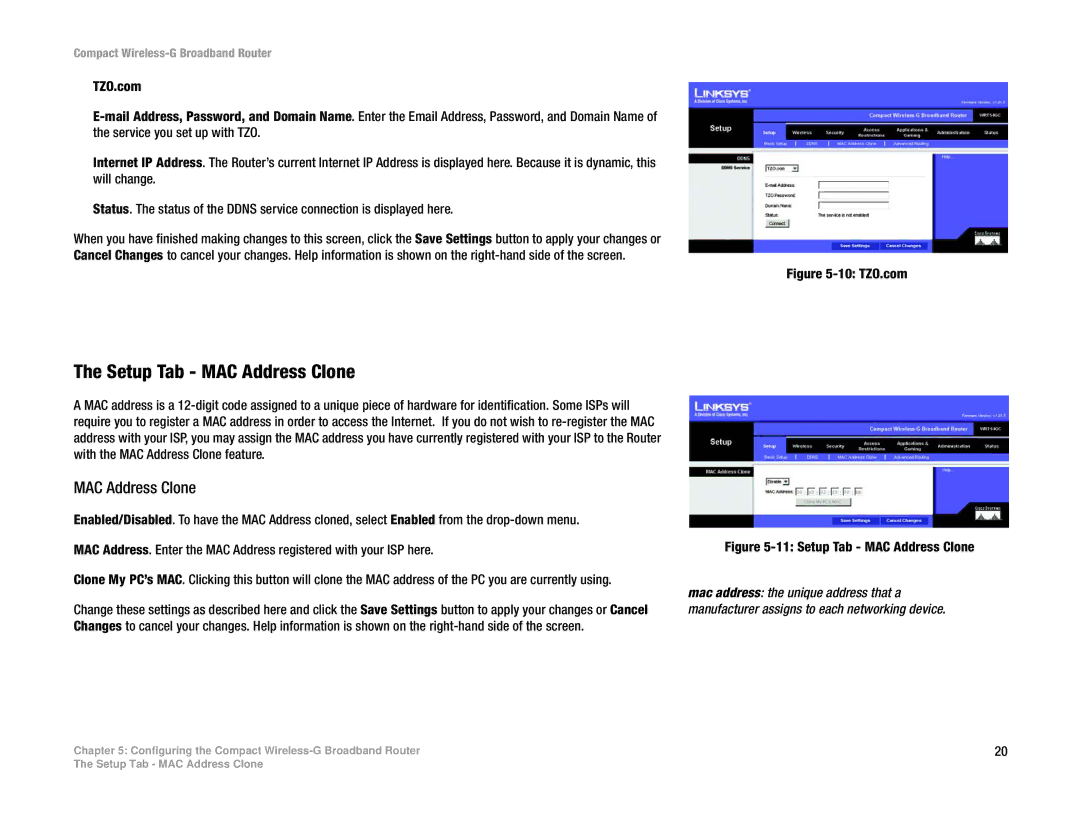 Linksys WRT54GC manual Setup Tab MAC Address Clone 