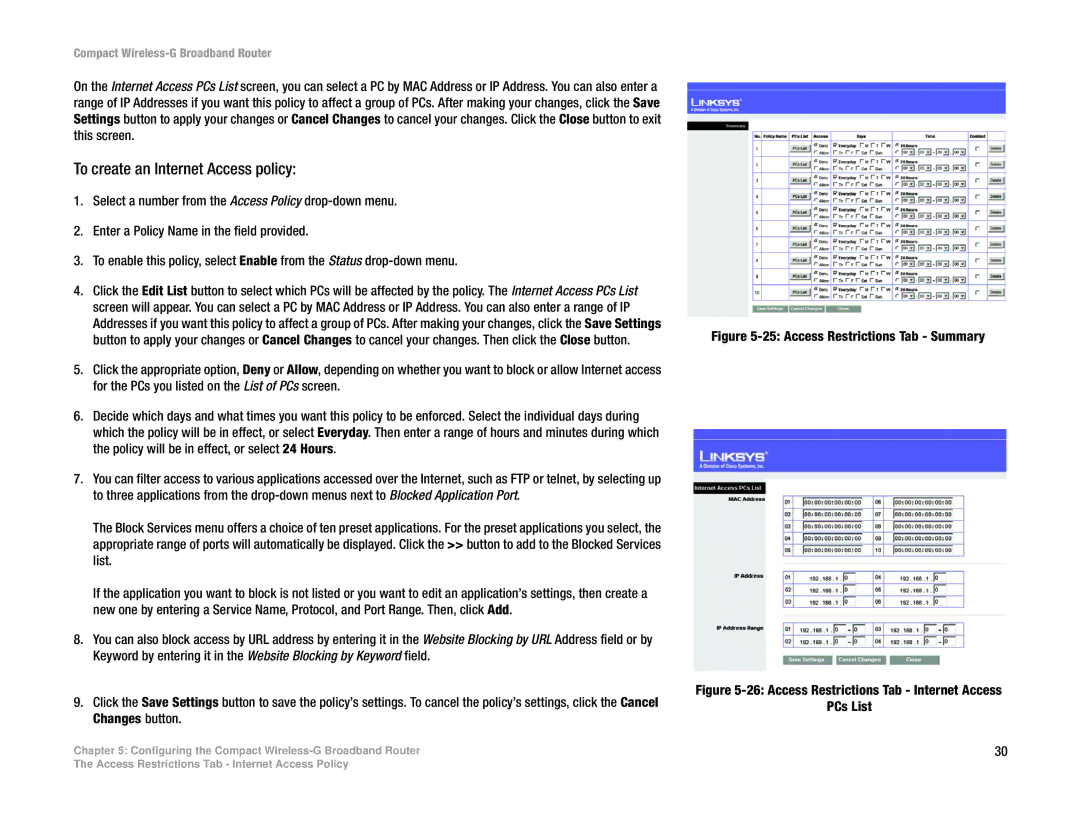 Linksys WRT54GC manual To create an Internet Access policy, Access Restrictions Tab Summary 