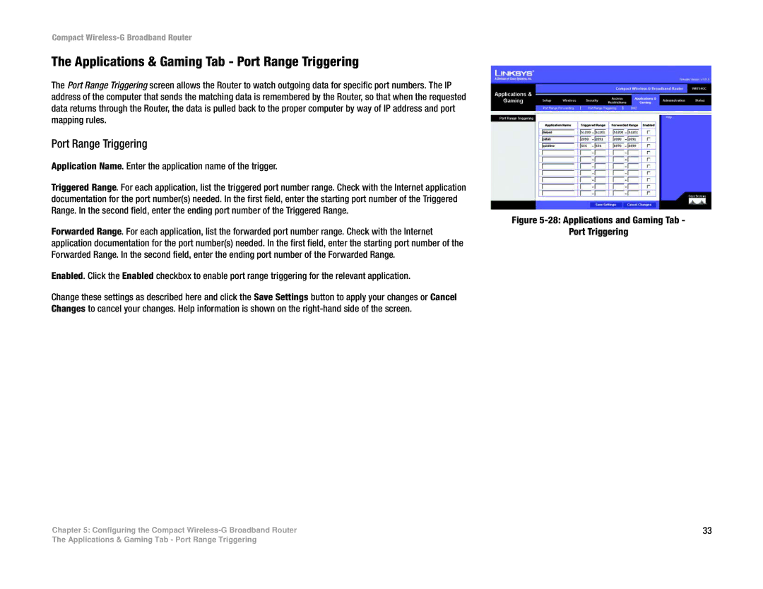 Linksys WRT54GC manual Applications & Gaming Tab Port Range Triggering 