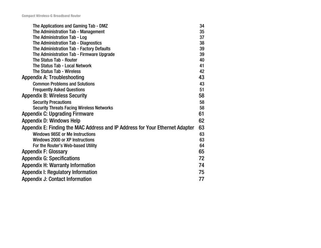 Linksys WRT54GC manual Appendix a Troubleshooting, Appendix B Wireless Security 