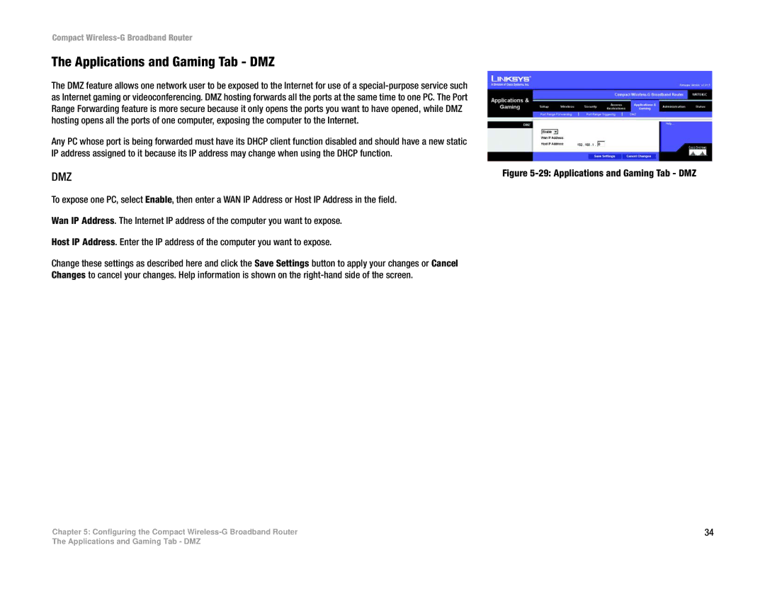 Linksys WRT54GC manual Applications and Gaming Tab DMZ, Dmz 