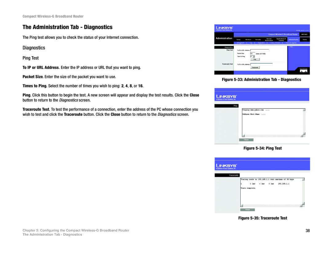 Linksys WRT54GC manual Administration Tab Diagnostics 