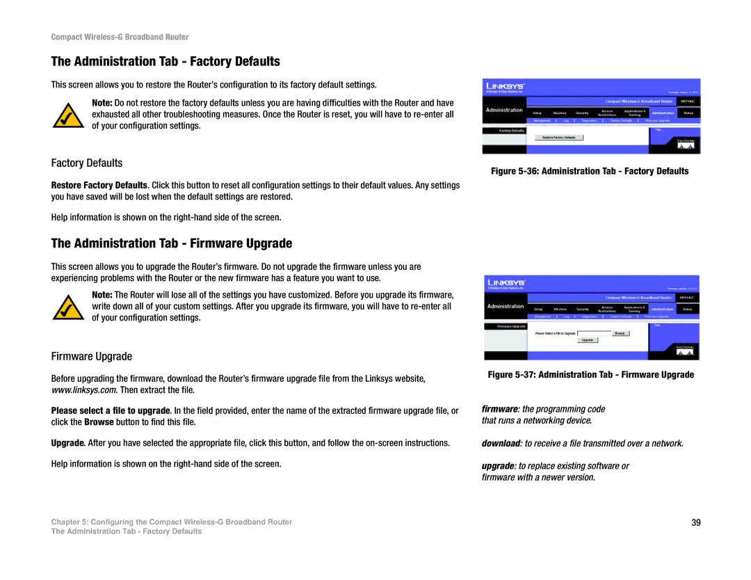 Linksys WRT54GC manual Administration Tab Factory Defaults, Administration Tab Firmware Upgrade 