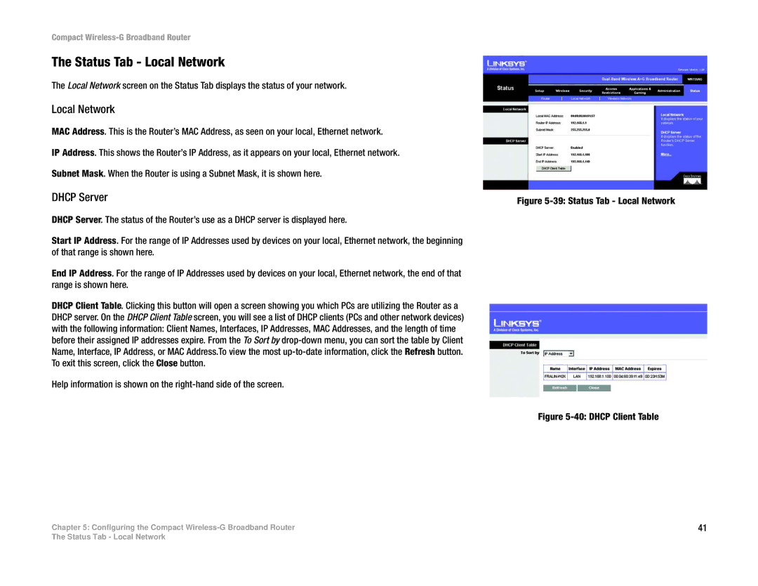 Linksys WRT54GC manual Status Tab Local Network, Dhcp Server 