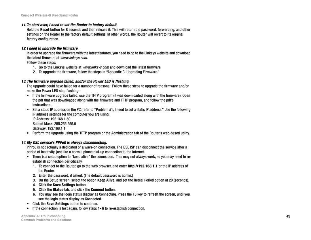 Linksys WRT54GC manual To start over, I need to set the Router to factory default, Need to upgrade the firmware 