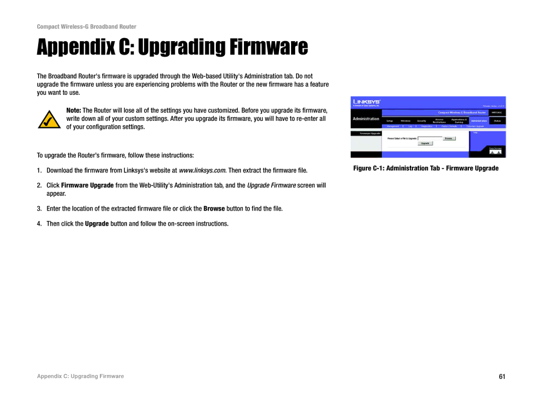 Linksys WRT54GC manual Appendix C Upgrading Firmware, Figure C-1 Administration Tab Firmware Upgrade 