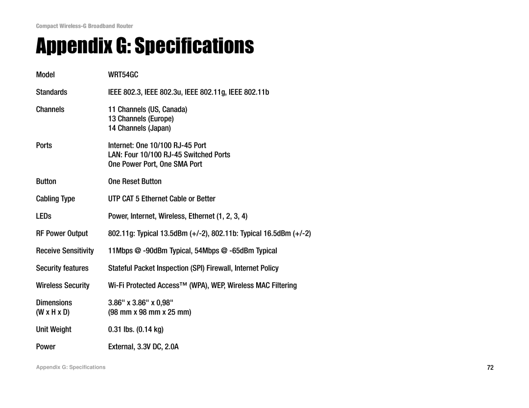 Linksys WRT54GC manual Appendix G Specifications, Model 