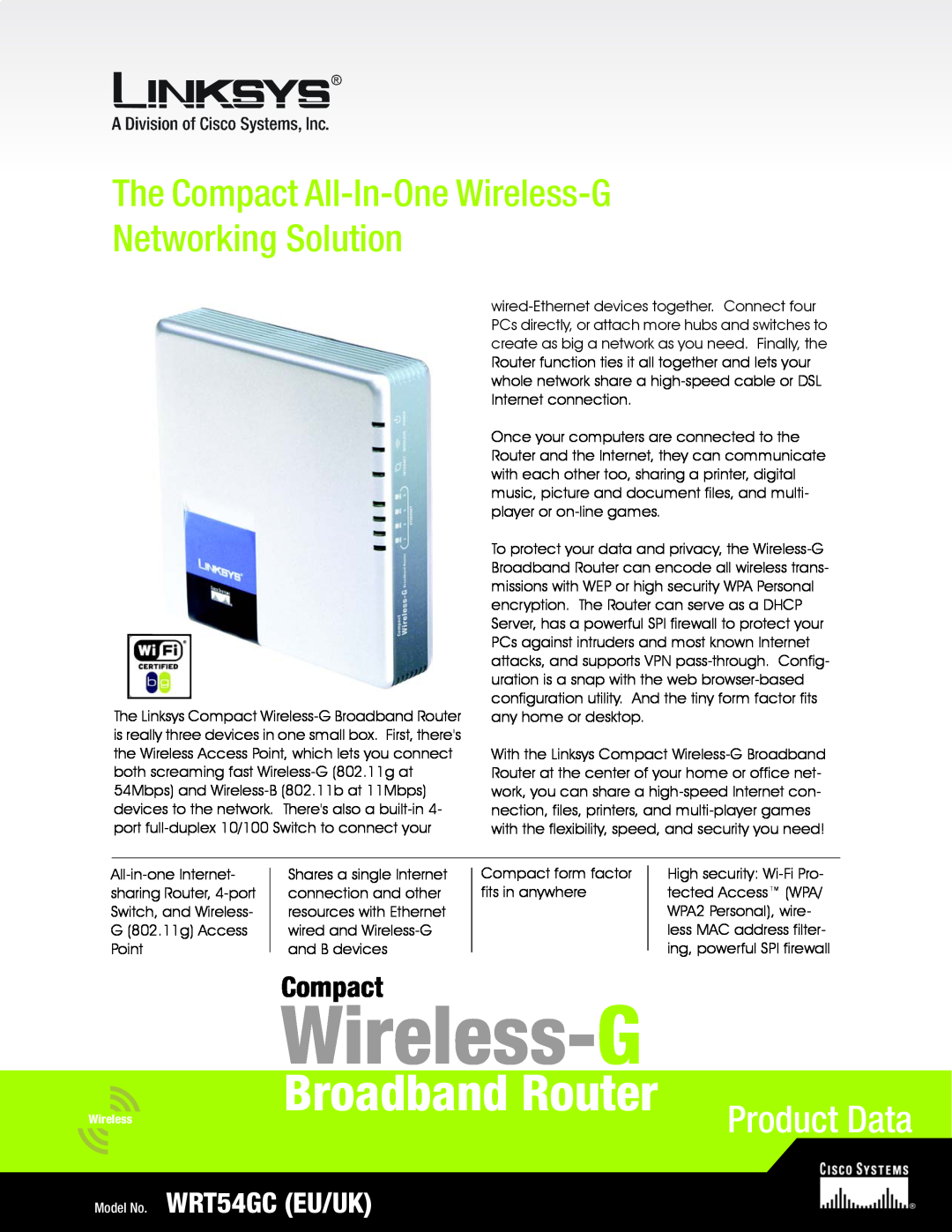 Linksys manual Model No. WRT54GC EU/UK, Wireless-G, Broadband Router, Product Data, Compact 