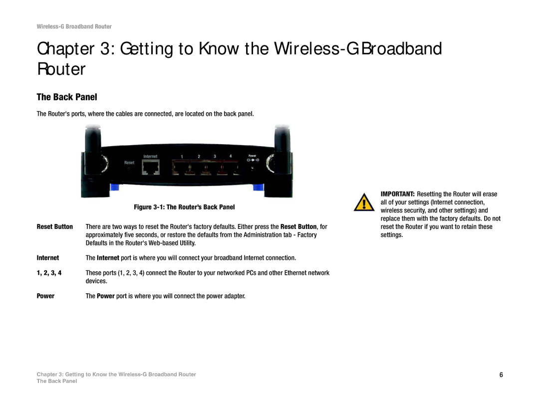 Linksys WRT54G(EU/LA) manual Getting to Know the Wireless-G Broadband Router, Back Panel, Reset Button, Devices 