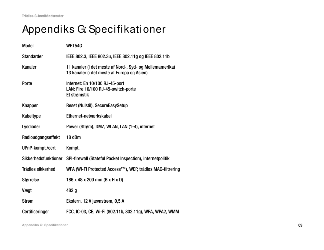 Linksys WRT54G(EU/LA) manual Appendiks G Specifikationer 