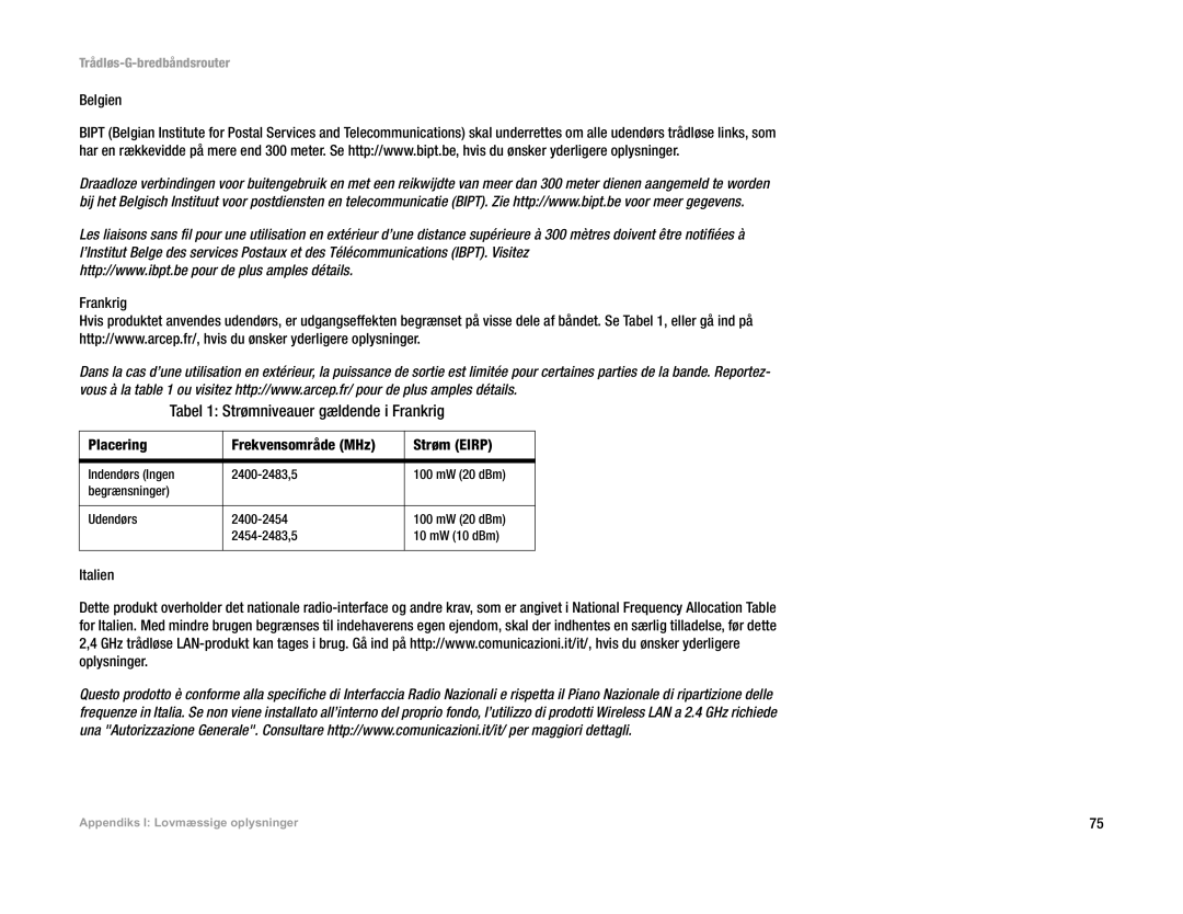 Linksys WRT54G(EU/LA) Tabel 1 Strømniveauer gældende i Frankrig, Belgien, Placering Frekvensområde MHz Strøm Eirp, Italien 