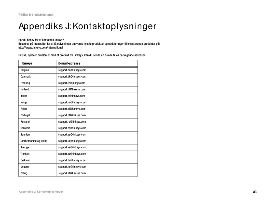 Linksys WRT54G(EU/LA) manual Appendiks J Kontaktoplysninger, Europa Mail-adresse 