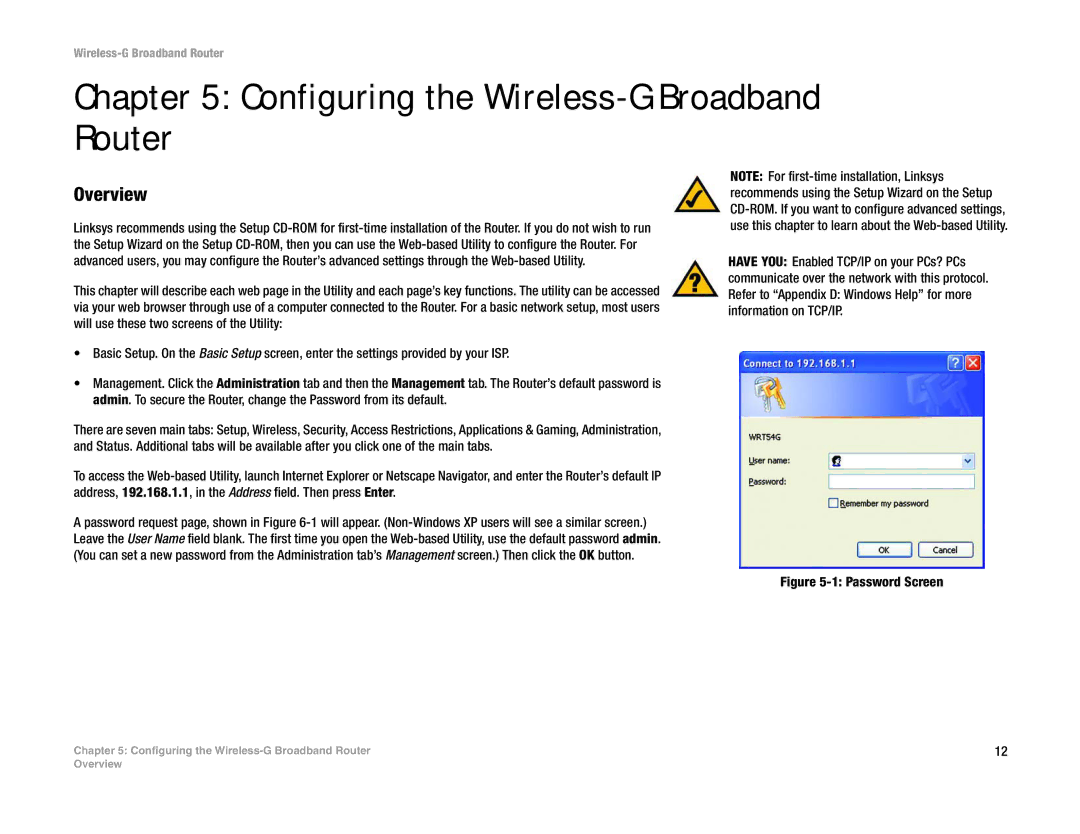 Linksys WRT54G(EU/LA) manual Configuring the Wireless-G Broadband Router, Password Screen 