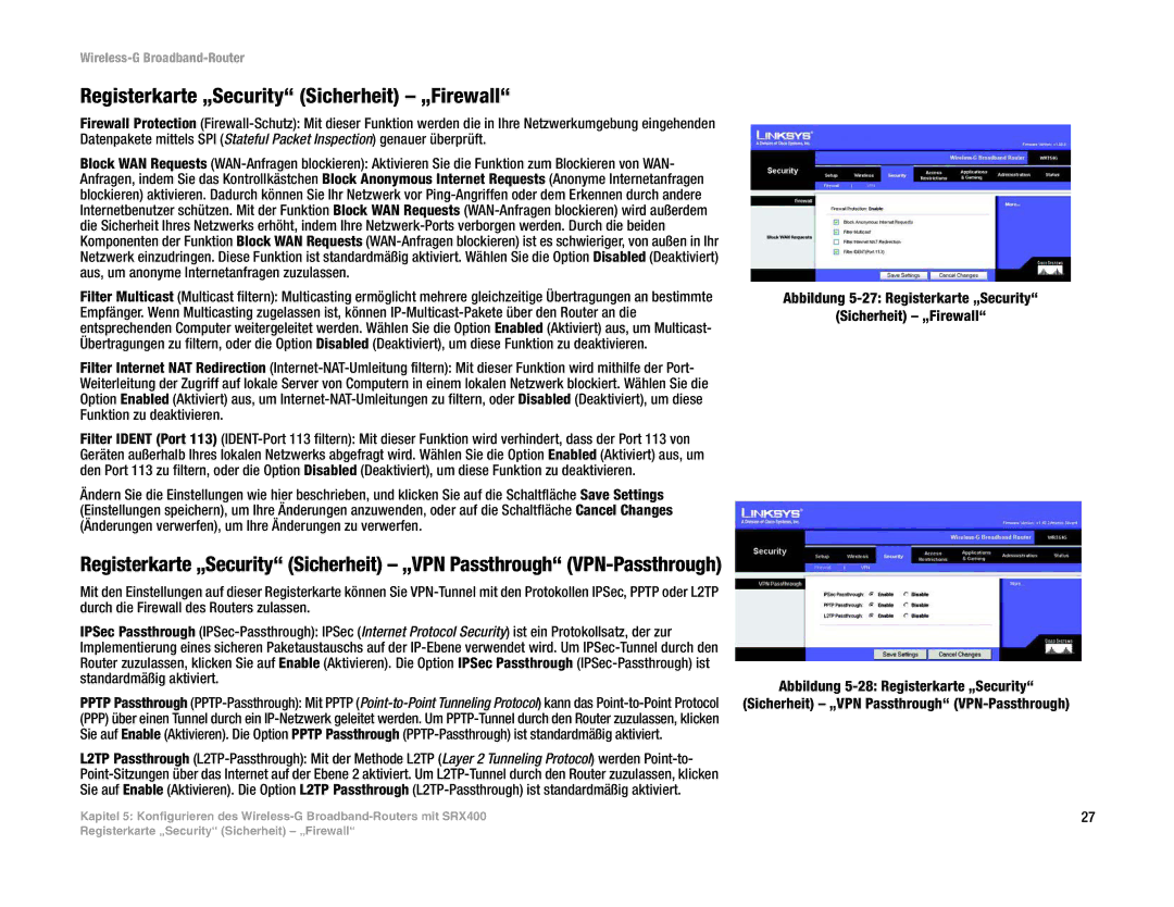 Linksys WRT54G(EU/LA) manual Registerkarte „Security Sicherheit „Firewall 