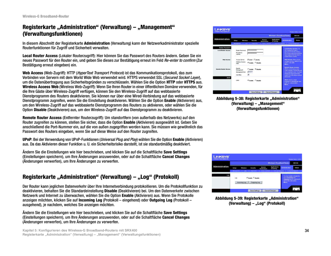 Linksys WRT54G(EU/LA) manual Registerkarte „Administration Verwaltung „Log Protokoll 