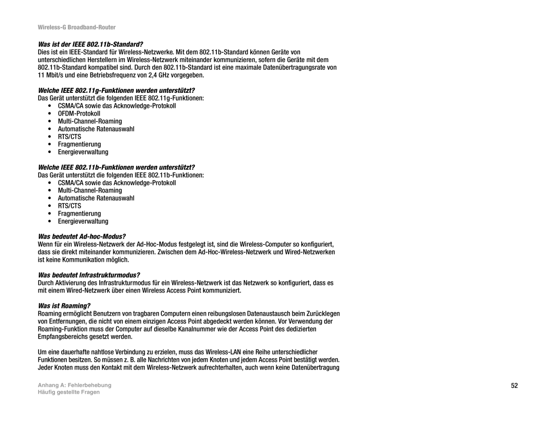 Linksys WRT54G(EU/LA) manual Was ist der Ieee 802.11b-Standard?, Welche Ieee 802.11g-Funktionen werden unterstützt? 