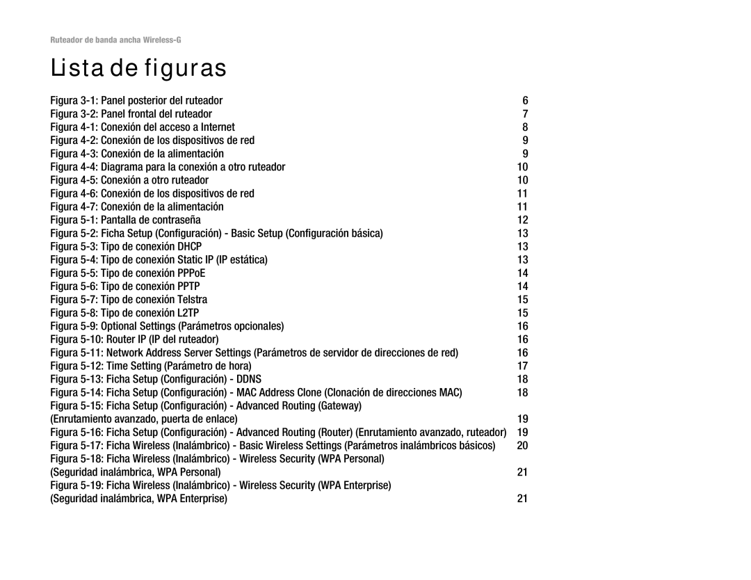 Linksys WRT54G(EU/LA) manual Lista de figuras, Figura 3-1 Panel posterior del ruteador 