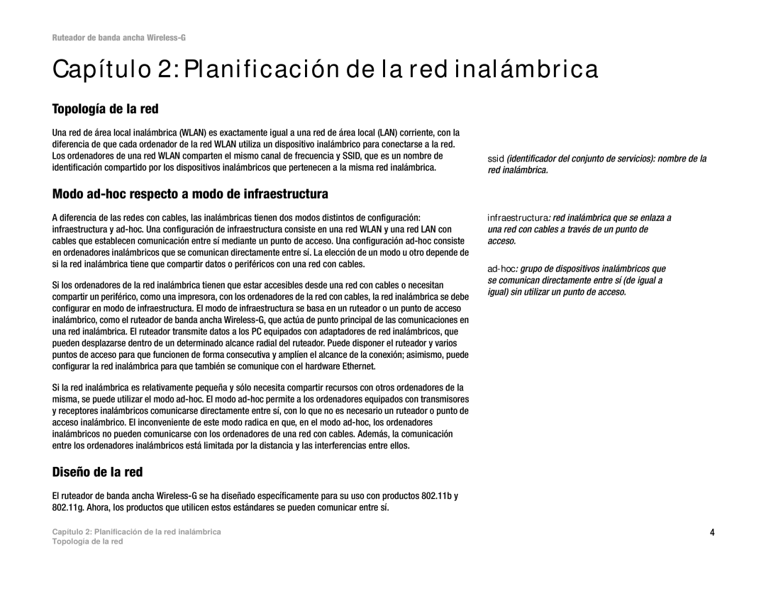 Linksys WRT54G(EU/LA) manual Capítulo 2 Planificación de la red inalámbrica, Topología de la red, Diseño de la red 