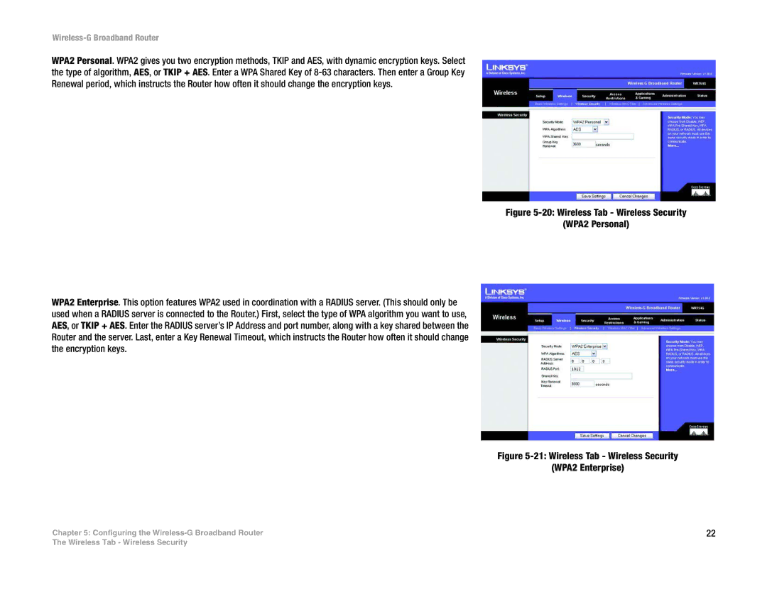 Linksys WRT54G(EU/LA) manual Wireless Tab Wireless Security WPA2 Enterprise 