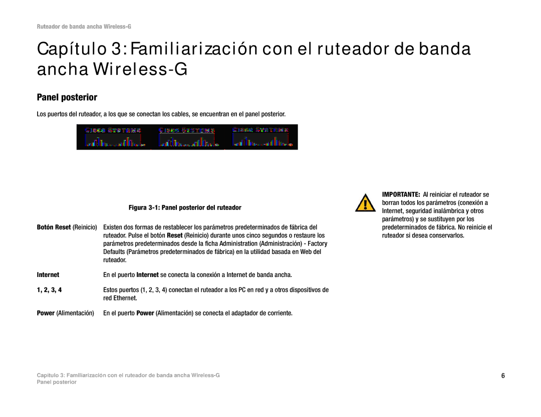 Linksys WRT54G(EU/LA) manual Panel posterior, Botón Reset Reinicio, Ruteador, Red Ethernet 