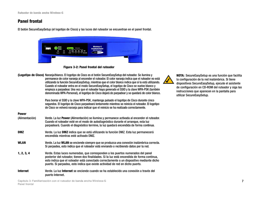 Linksys WRT54G(EU/LA) manual Panel frontal, Power Alimentación, Encendida mientras esté activado DMZ, Puerto Internet 