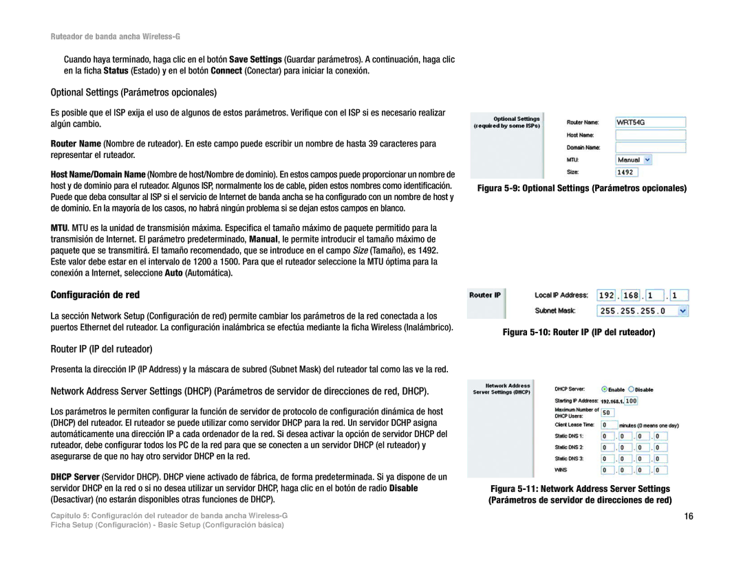 Linksys WRT54G(EU/LA) manual Optional Settings Parámetros opcionales, Configuración de red, Router IP IP del ruteador 