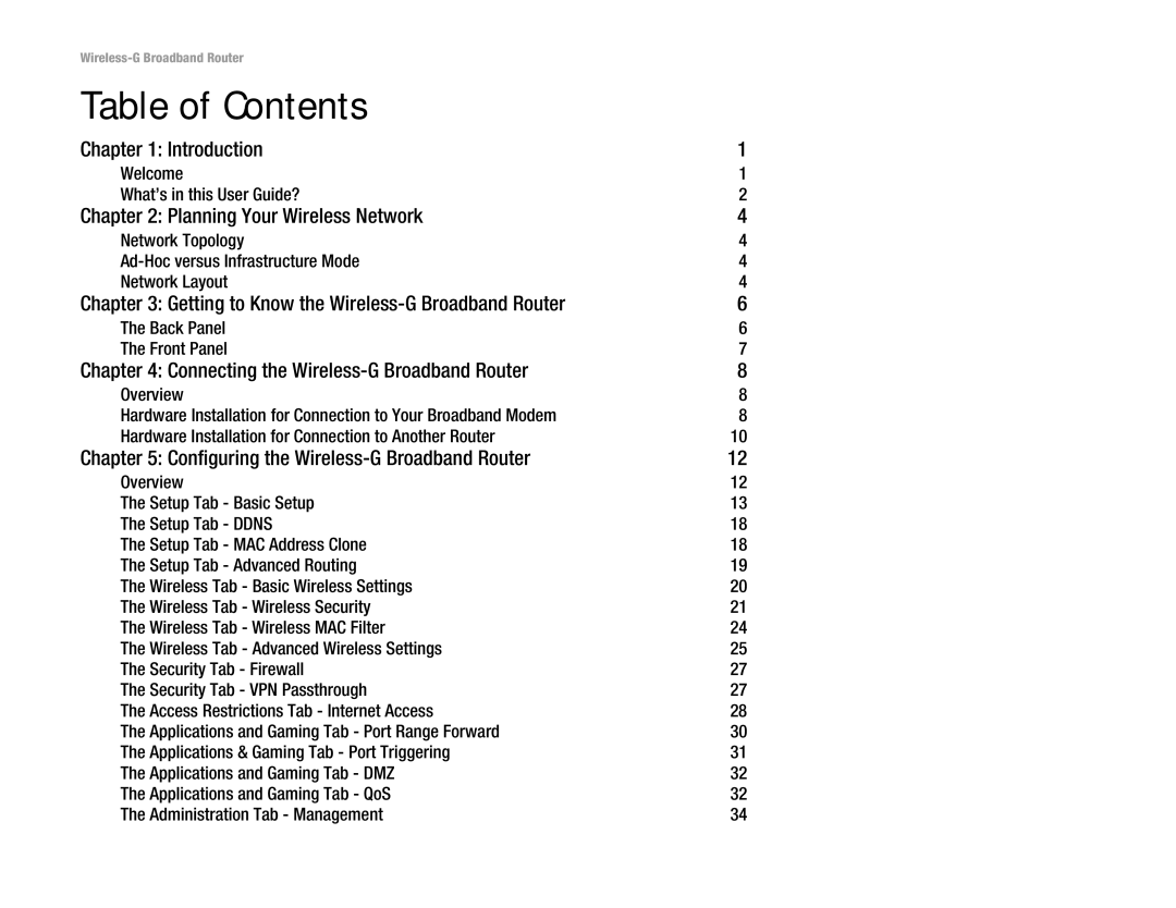 Linksys WRT54G(EU/LA) manual Table of Contents 