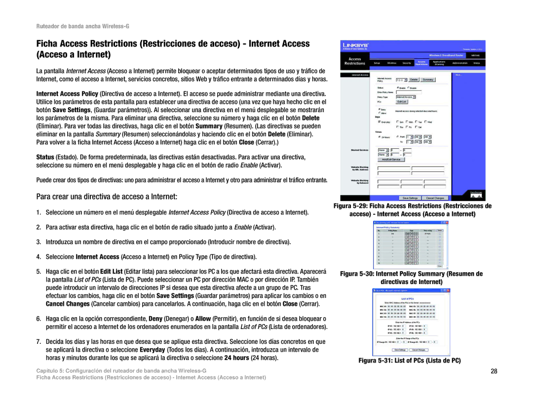 Linksys WRT54G(EU/LA) manual Para crear una directiva de acceso a Internet, Figura 5-31 List of PCs Lista de PC 