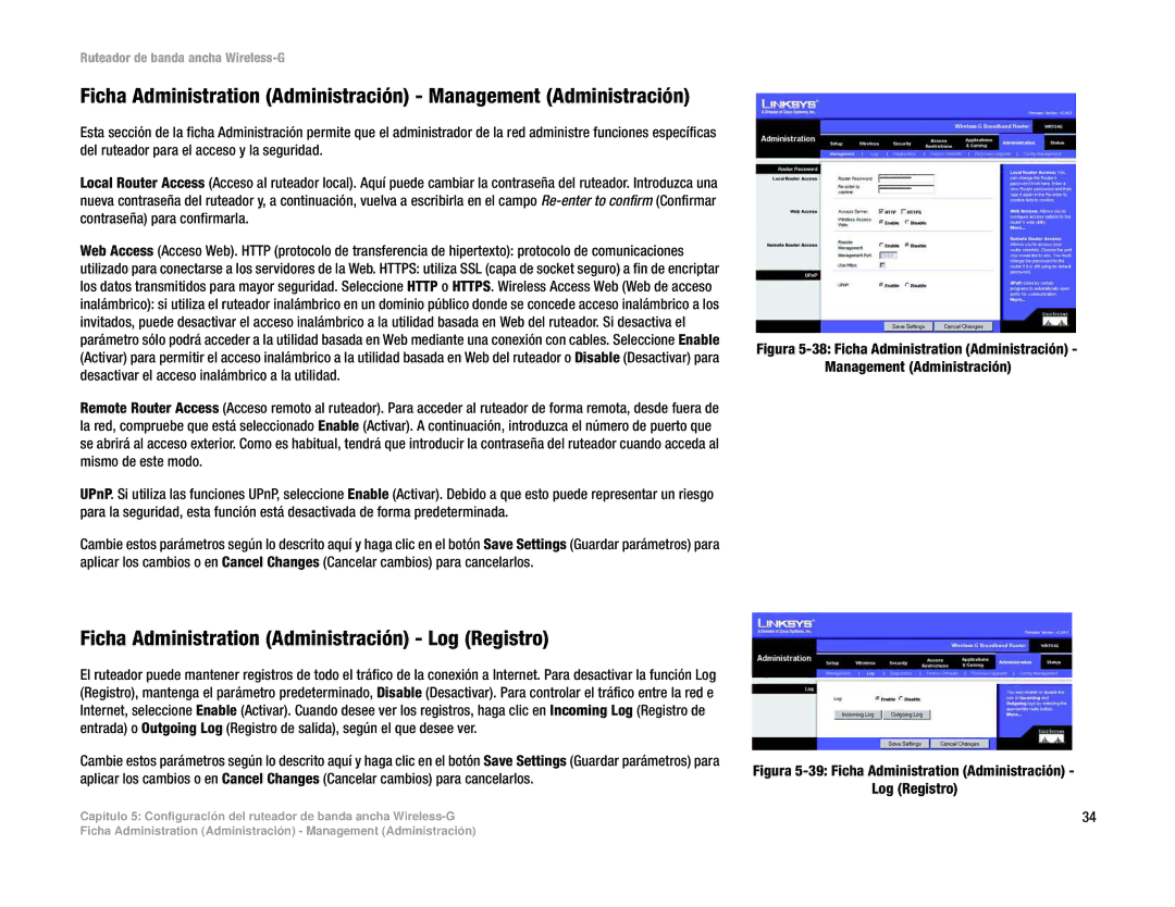 Linksys WRT54G(EU/LA) manual Ficha Administration Administración Log Registro 