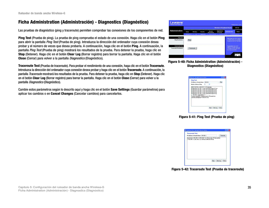 Linksys WRT54G(EU/LA) Ficha Administration Administración Diagnostics Diagnóstico, Figura 5-41 Ping Test Prueba de ping 