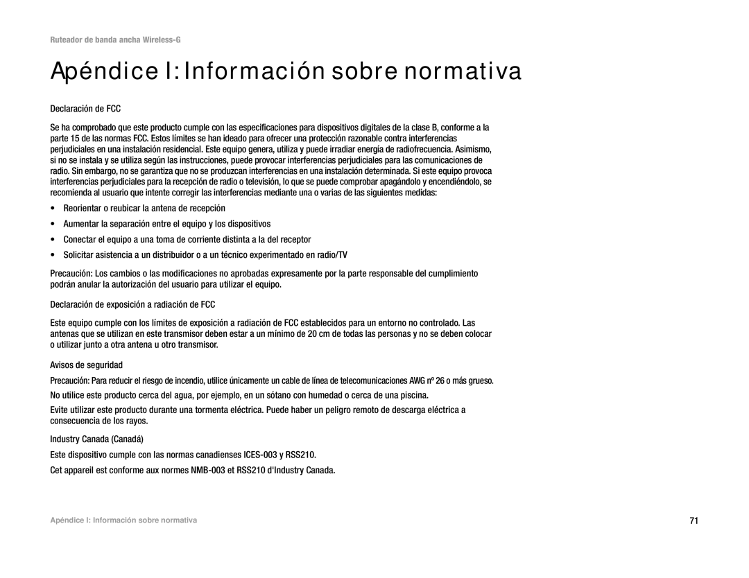 Linksys WRT54G(EU/LA) manual Apéndice I Información sobre normativa, Declaración de FCC 