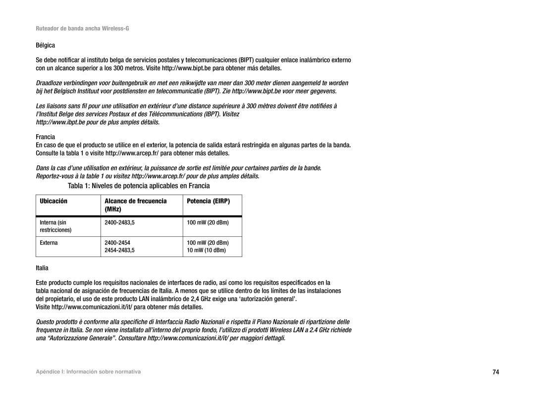 Linksys WRT54G(EU/LA) manual Tabla 1 Niveles de potencia aplicables en Francia, Bélgica, Italia 