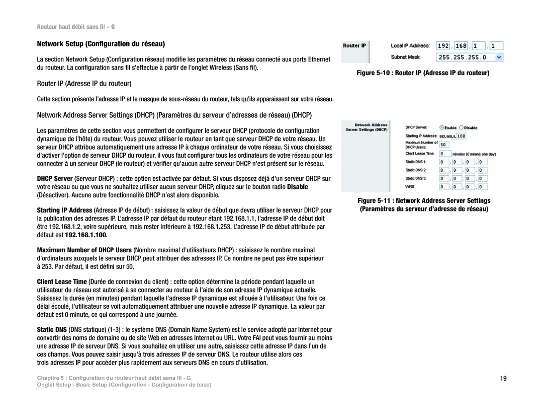 Linksys WRT54G(EU/LA) manual Network Setup Configuration du réseau, Router IP Adresse IP du routeur 