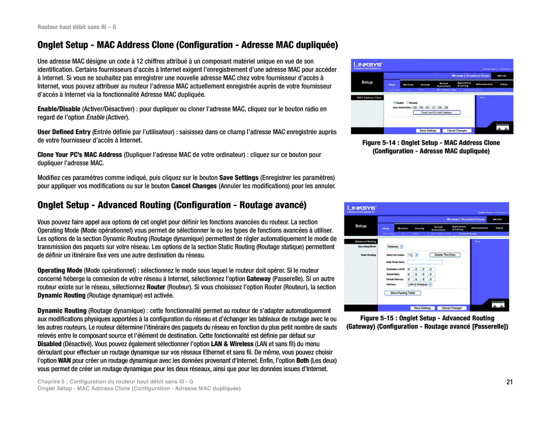 Linksys WRT54G(EU/LA) manual Onglet Setup Advanced Routing Configuration Routage avancé 